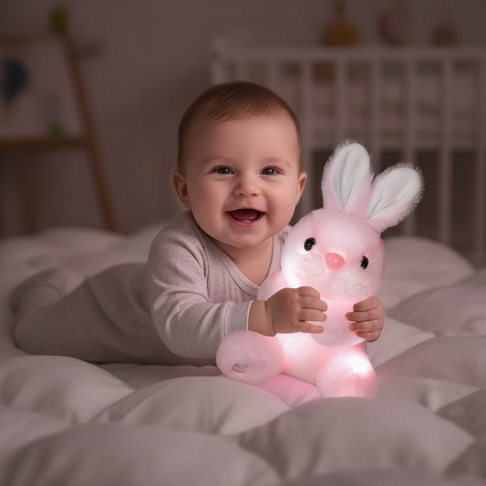 peluche veilleuse lapin Bébé couché avec lapin rose lumineux