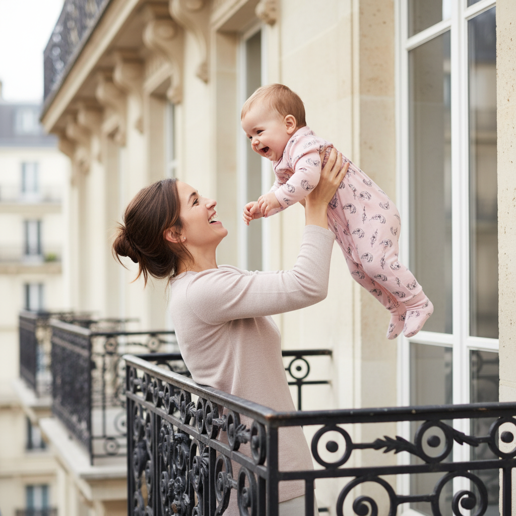 pyjama bébé fille PLUMOON™ lifestyle maman bébé balcon parisien style élégant