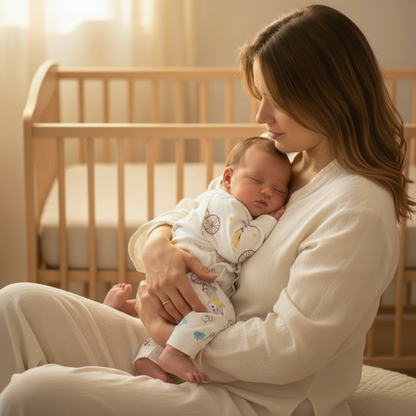 pyjama bébé sans pied doux et respirant bébé tenu contre sa maman dans une atmosphère cocooning et chaleureuse