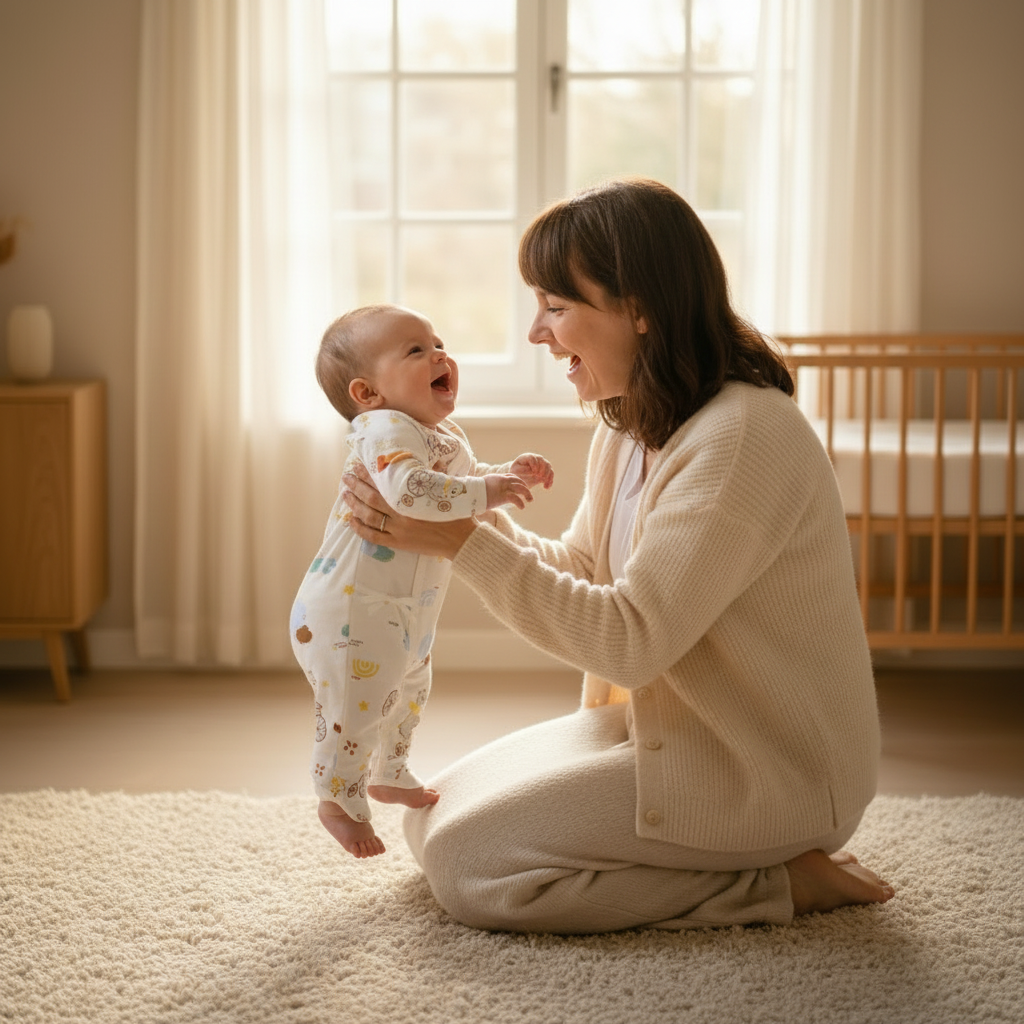 pyjama bébé sans pied avec motifs ludiques bébé debout accompagné de sa maman dans une chambre naturelle et apaisante