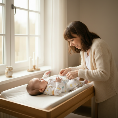 pyjama bébé sans pied tenue confortable bébé assis avec sa maman sur un tapis doux près d’une grande fenêtre naturelle