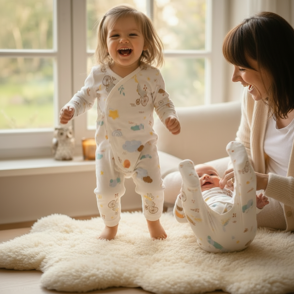 pyjama bébé sans pied imprimé coloré bébé souriant assis sur un tapis moelleux dans une pièce baignée de lumière
