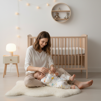 pyjama bébé sans pied confortable bébé en interaction avec sa maman sur un tapis doux dans une chambre minimaliste