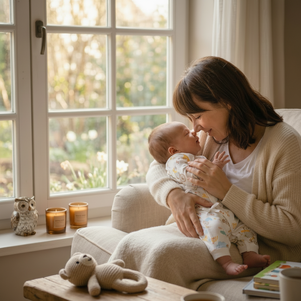 pyjama bébé sans pied en coton doux porté par un nourrisson dans les bras de sa maman près d’une fenêtre lumineuse ambiance chaleureuse