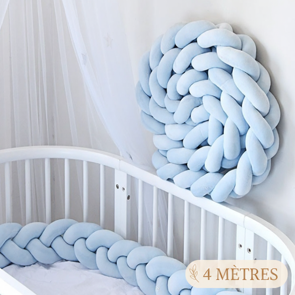 Réducteur de lit tressé AZURIN™ – 4 mètres, tresse bleu ice style boho, couverture totale lit bébé, durable