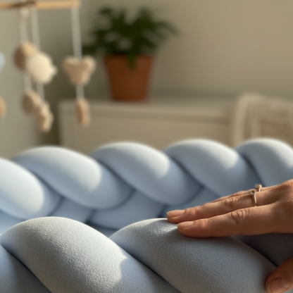 Réducteur de lit AZURIN™ – bébé emmailloté dans lit ovale blanc avec tresse bleu ice, nurserie boho nordique