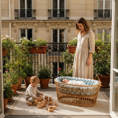 Réducteur de lit AZURIN™ – scène lifestyle terrasse parisienne, maman et enfant, lit bébé tressé bleu ice en extérieur