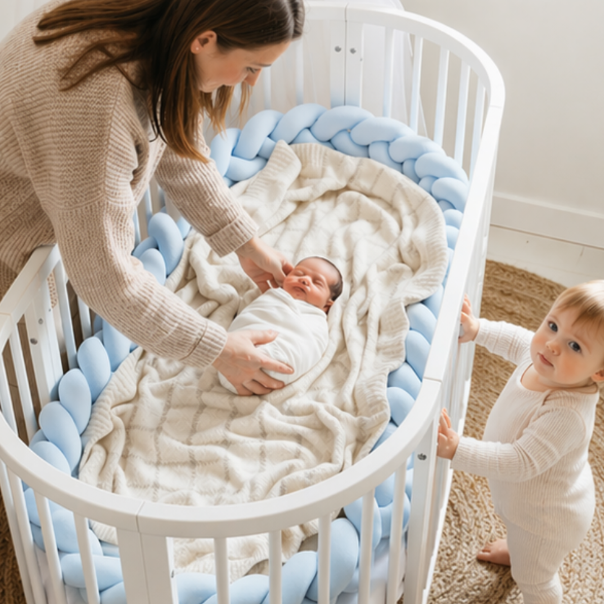 Réducteur de lit AZURIN™ – vue aérienne maman dépose bébé emmailloté dans lit ovale avec tresse bleue et couverture