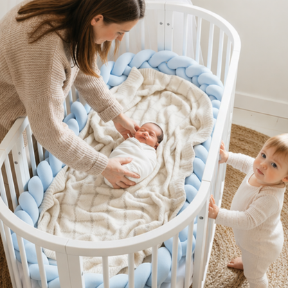 Réducteur de lit AZURIN™ – vue aérienne maman dépose bébé emmailloté dans lit ovale avec tresse bleue et couverture