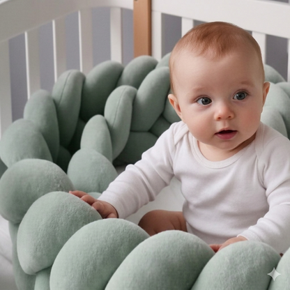 Réducteur de lit – bébé assis dans le lit, tresse vert sauge douce et respirante autour de lui