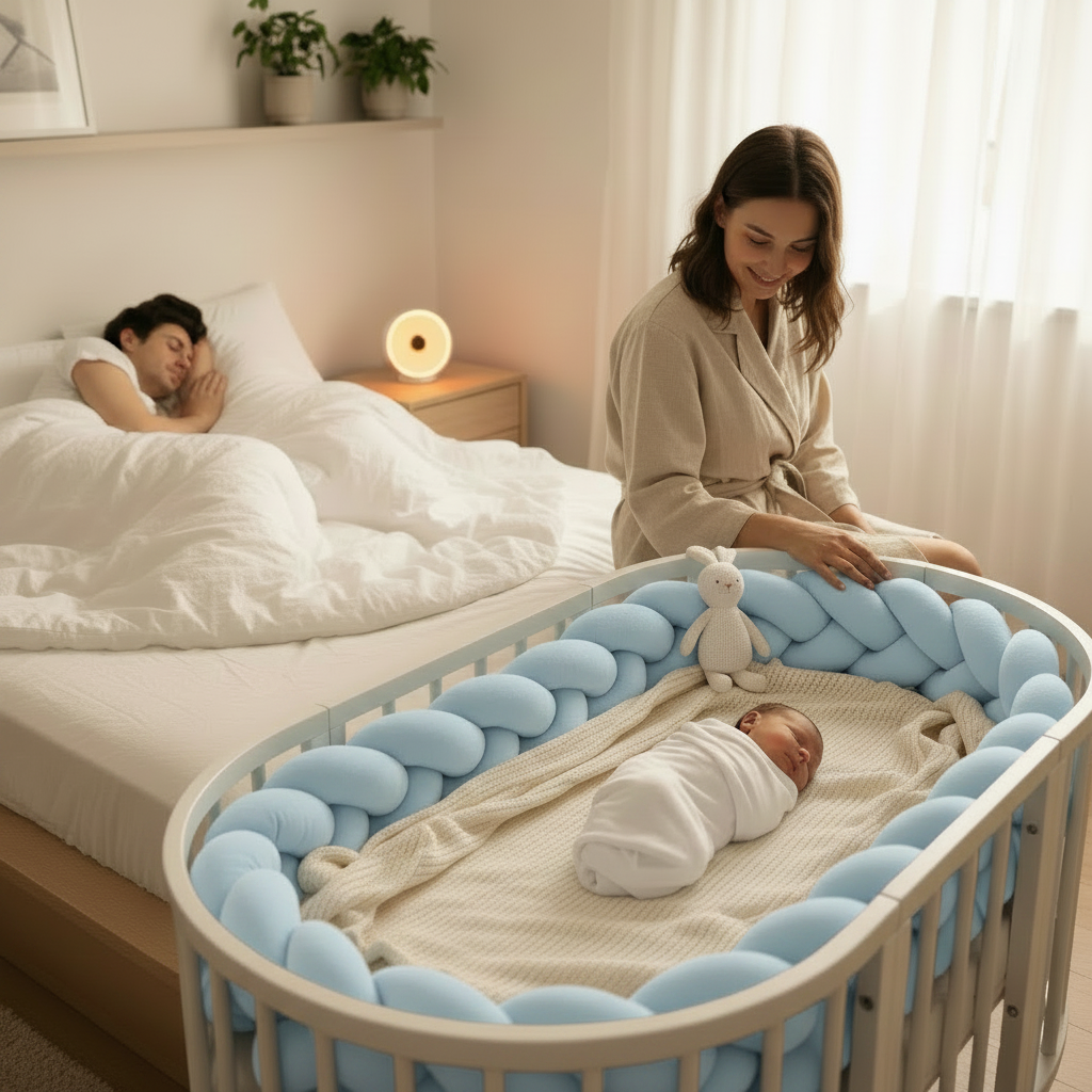 Réducteur de lit AZURIN™ – lit bébé douillet avec tresse 3 brins bleu ice, plaid ivoire et veilleuse champignon, cocon rassurant