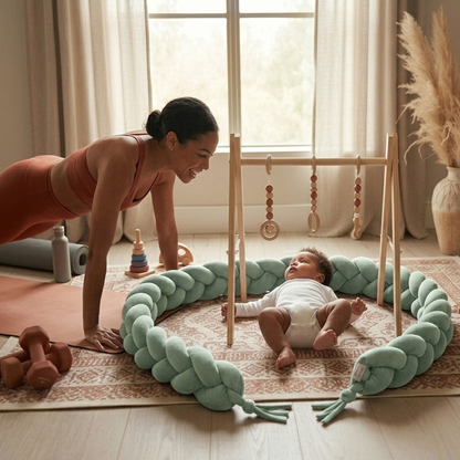 Réducteur de lit modulable entourant un nouveau-né sur un tapis d'éveil pendant que sa maman fait du sport à côté de lui dans un salon ensoleillé.