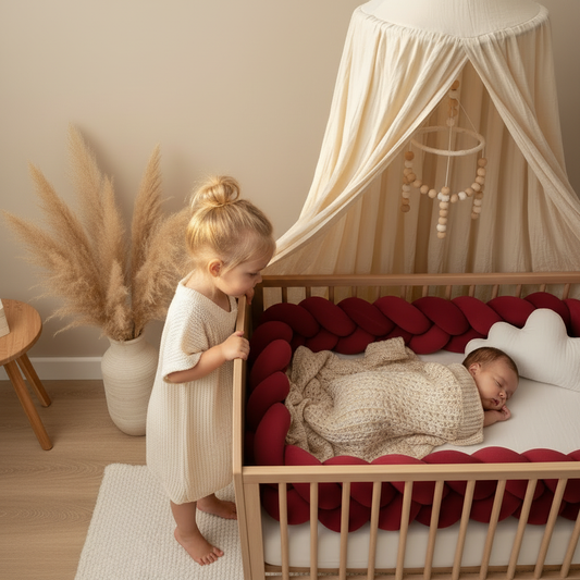 Réducteur de lit CALINCERISE™ tresse rouge bordeaux – bébé endormi dans un cocon boho-chic, velour ultra-doux, effet rassurant, style scandinave et bohème.
