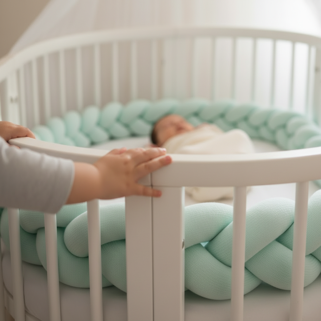 Réducteur de lit MINTO™ – nurserie boho, bébé visible sous couverture légère, ambiance estivale