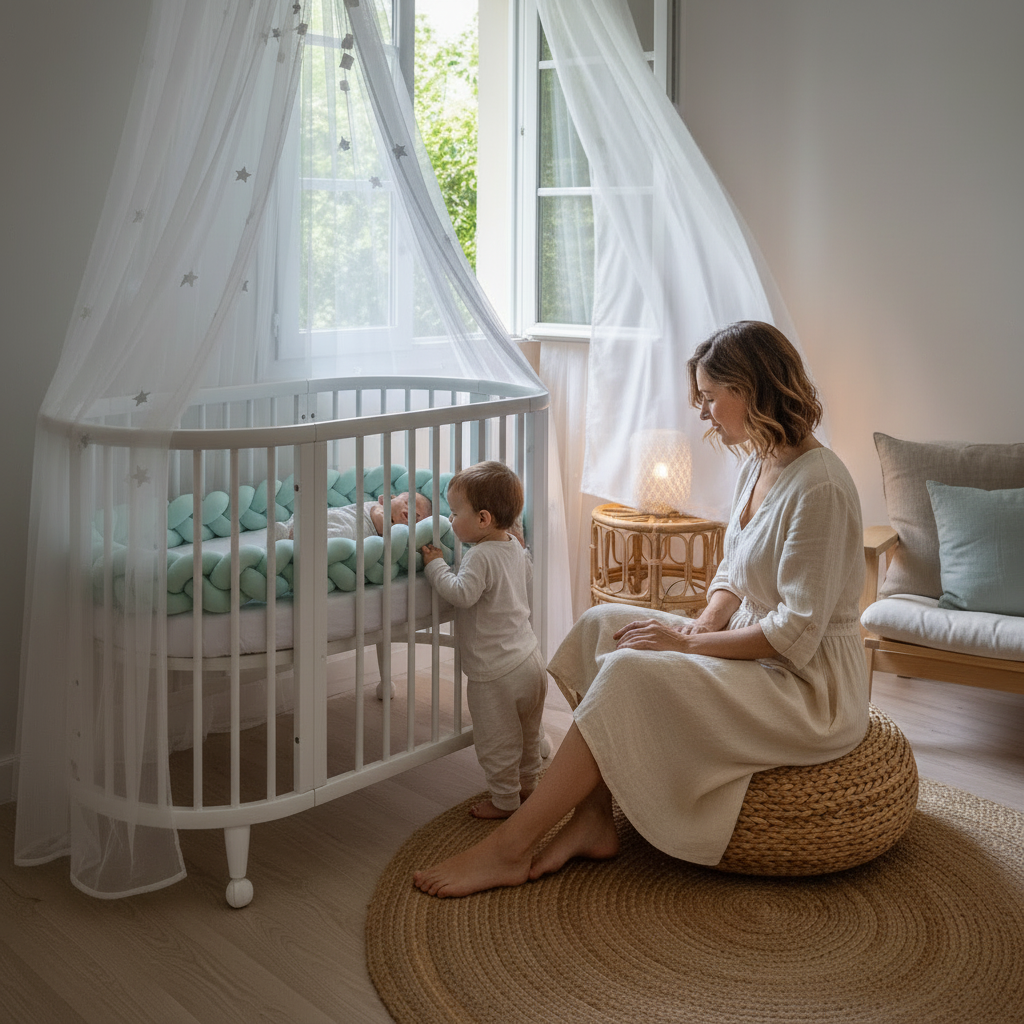 Réducteur de lit MINTO™ – nurserie boho vert menthe, maman et bébé, nuit sereine