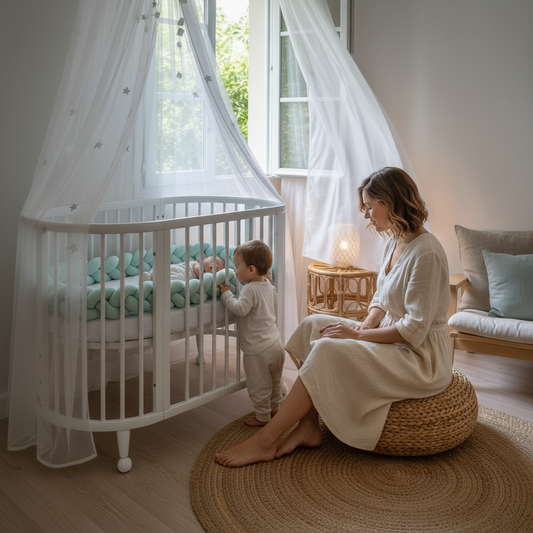 Réducteur de lit MINTO™ – nurserie boho vert menthe, maman et bébé, nuit sereine