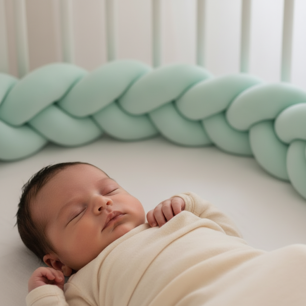 Réducteur de lit MINTO™ – zoom contact tresse vert menthe sur peau douce de bébé