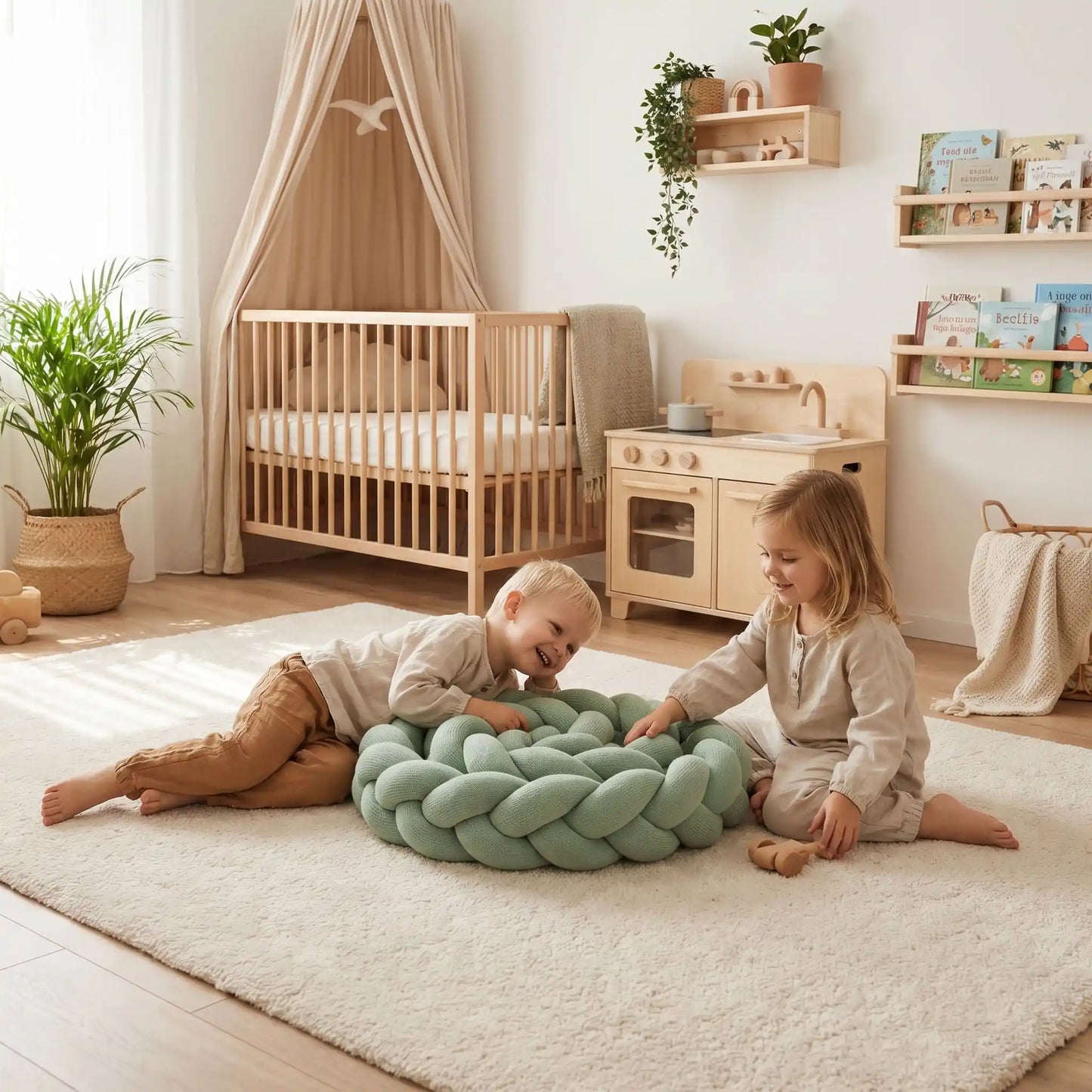 Réducteur de lit tressé de couleur vert sauge utilisé comme coussin de jeu par deux jeunes enfants dans une chambre d'enfant lumineuse au style scandinave.