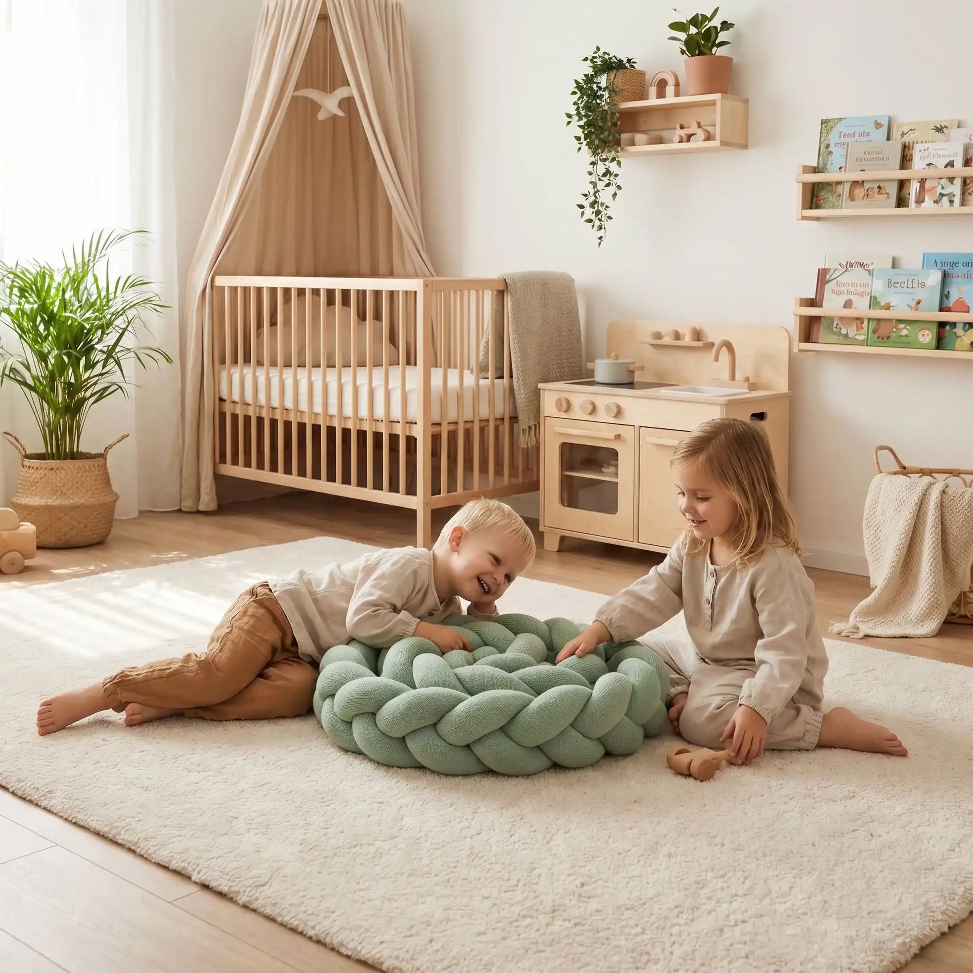 Réducteur de lit tressé de couleur vert sauge utilisé comme coussin de jeu par deux jeunes enfants dans une chambre d'enfant lumineuse au style scandinave.