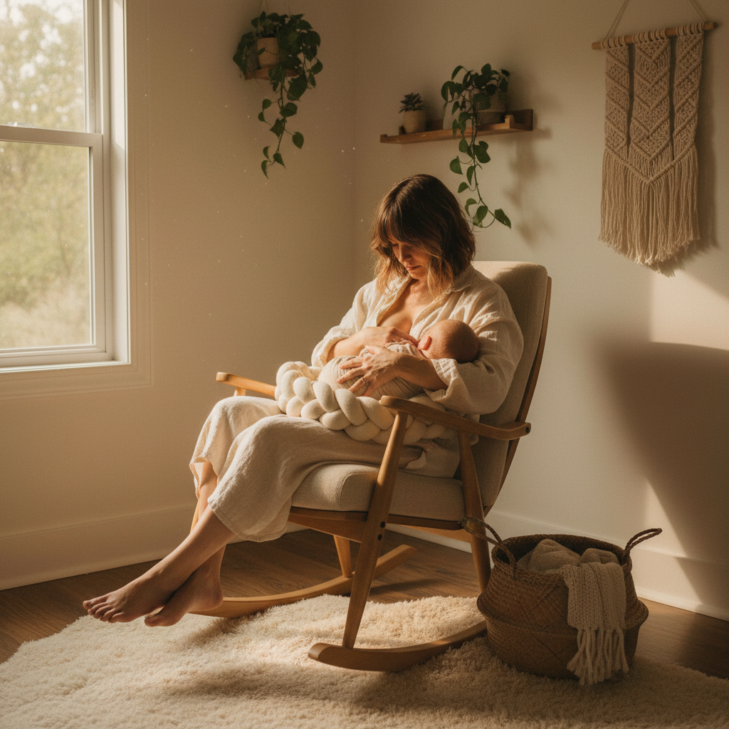 Réducteur de lit VELOUTÉ™ utilisé comme coussin d'allaitement – maman sur chaise berçante