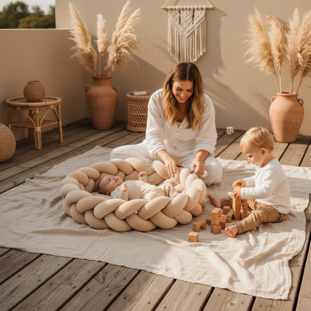 Réducteur de lit VELOUTÉ™ multifonction – scène terrasse, maman, bébé et enfant