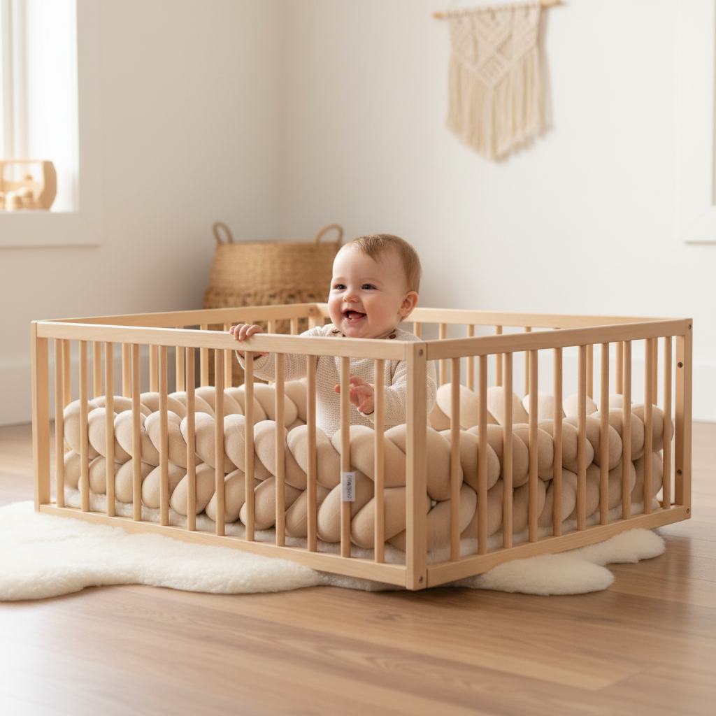 Réducteur de lit VELOUTÉ™ – stimulation sensorielle et éveil, bébé touche la tresse
