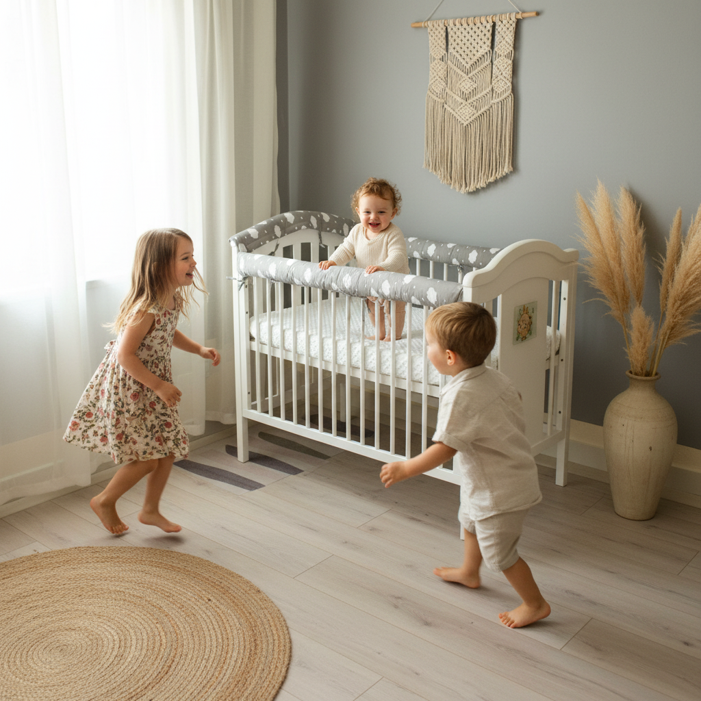 Tour de lit CHOCÂLIN™ – bébé debout contre les barreaux protégés, fratrie en jeu