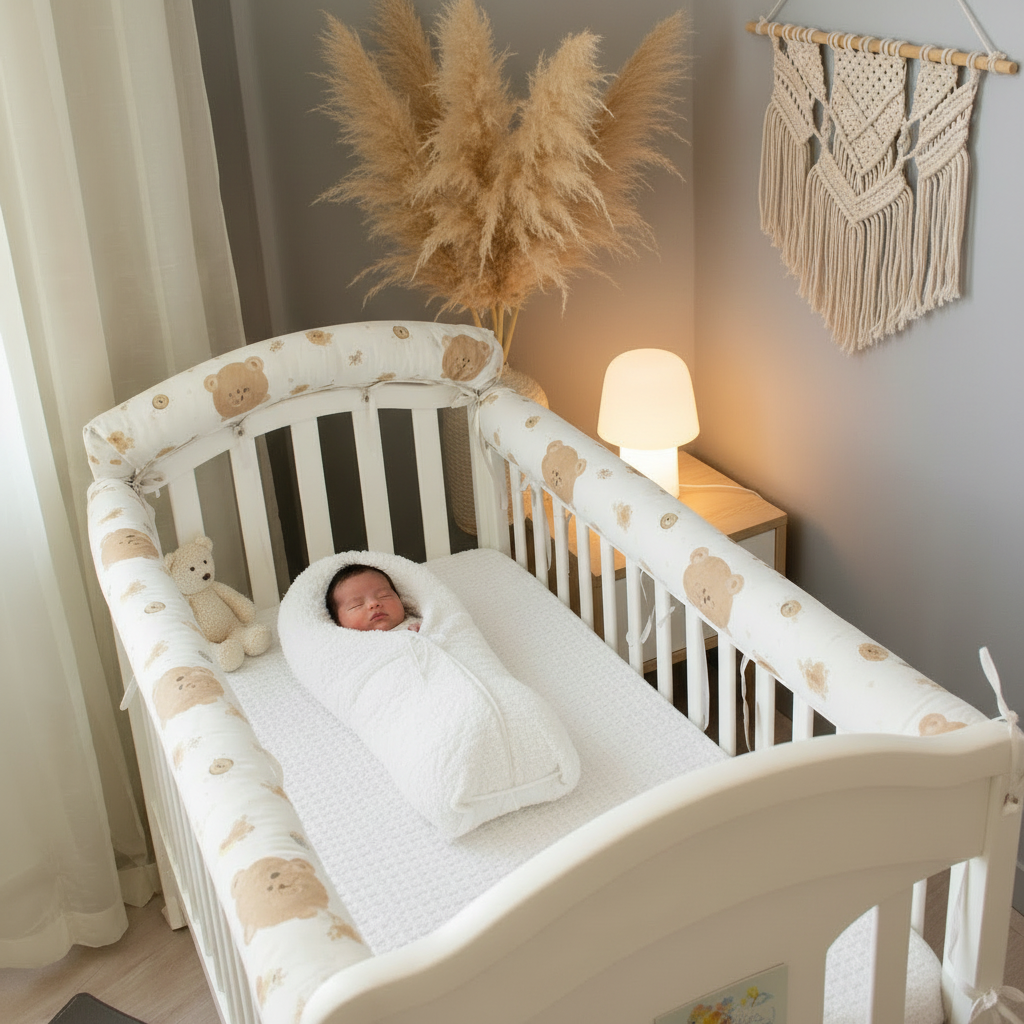 Tour de lit CHOCÂLIN™ anti-choc dans berceau décoré – ambiance nursery chaleureuse