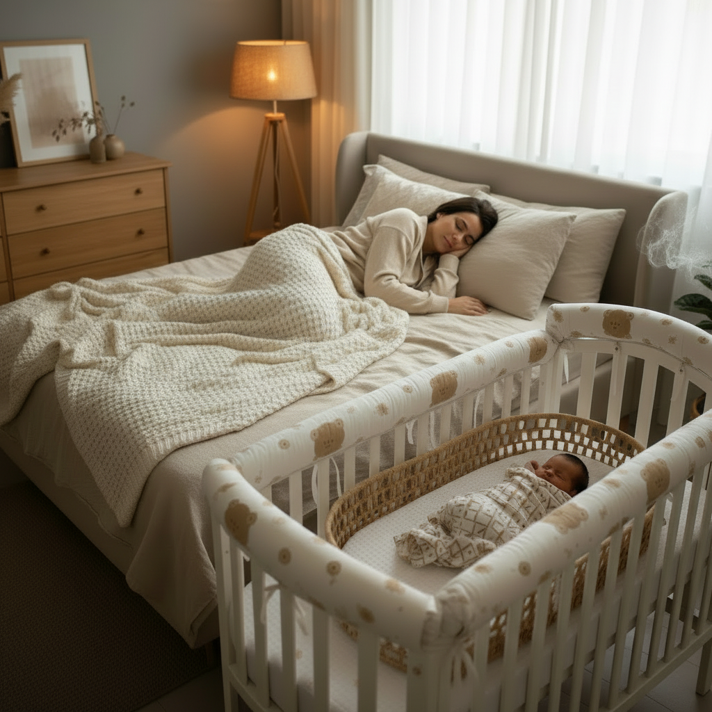 Tour de lit CHOCÂLIN™ – mère et bébé endormis sereinement, barreaux protégés toute la nuit