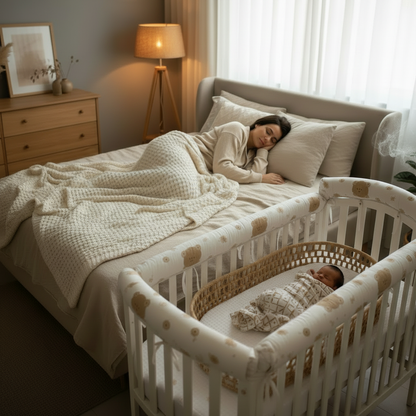 Tour de lit CHOCÂLIN™ – mère et bébé endormis sereinement, barreaux protégés toute la nuit