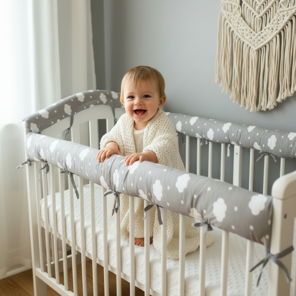 Tour de lit CHOCÂLIN™ motif nuages – protection anti-choc sur chaque barreau du lit