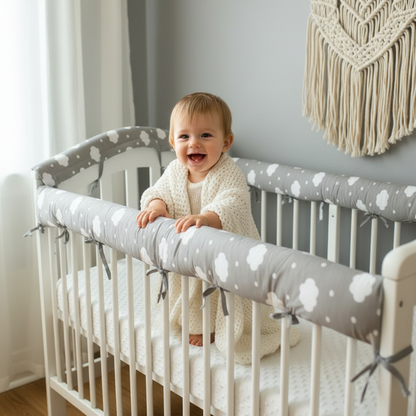 Tour de lit CHOCÂLIN™ motif nuages – protection anti-choc sur chaque barreau du lit