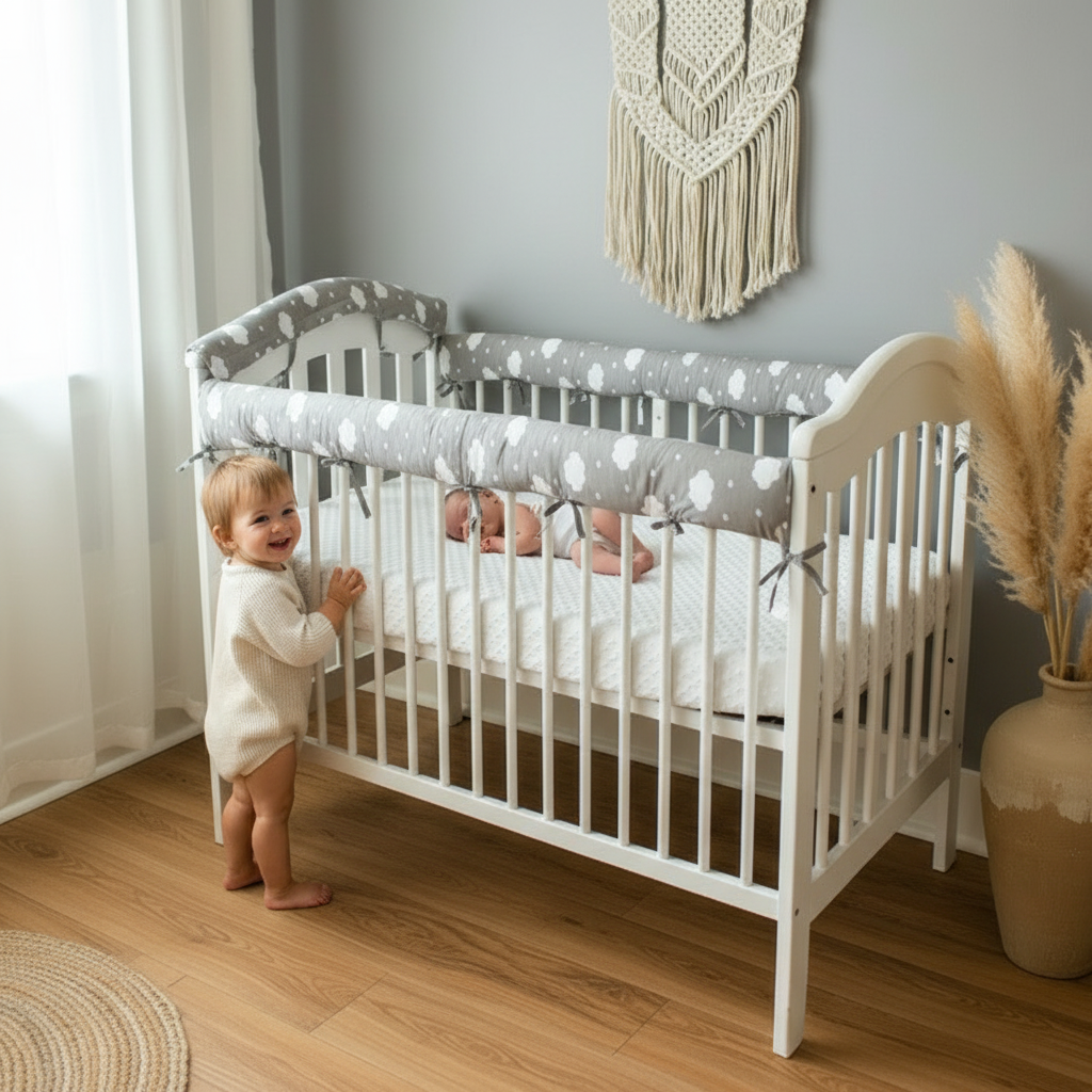 Tour de lit CHOCÂLIN™ – bébé debout, barreaux enveloppés, protection 360° dès la naissance