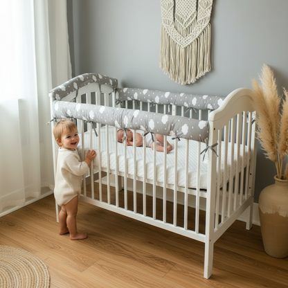 Tour de lit CHOCÂLIN™ – bébé debout, barreaux enveloppés, protection 360° dès la naissance