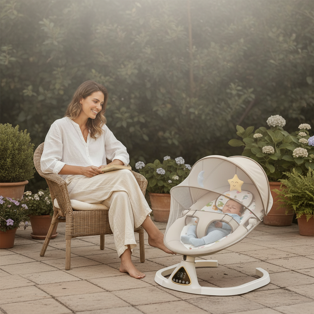 Transat bébé balancelle utilisé en extérieur dans un jardin verdoyant
