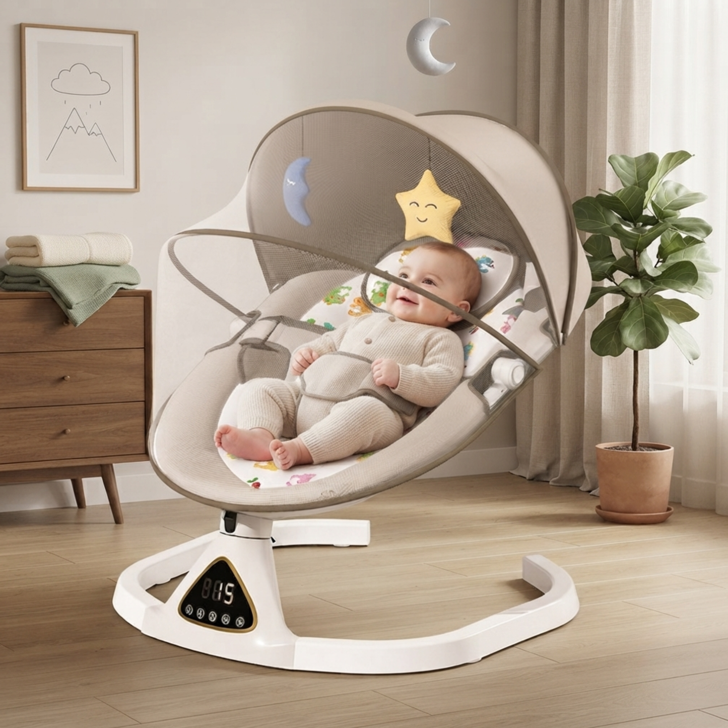 Transat bébé beige confortable avec arche de jeux suspendus, lune et étoile