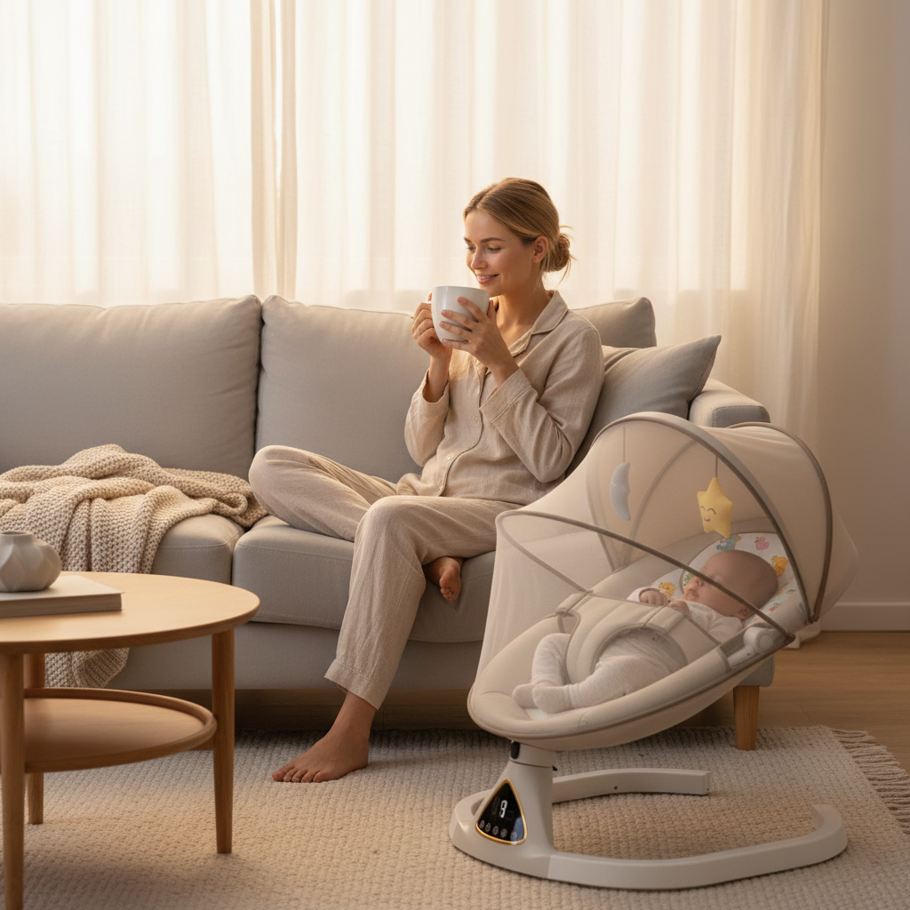 Transat bébé beige dans un salon cocooning, idéal pour le repos