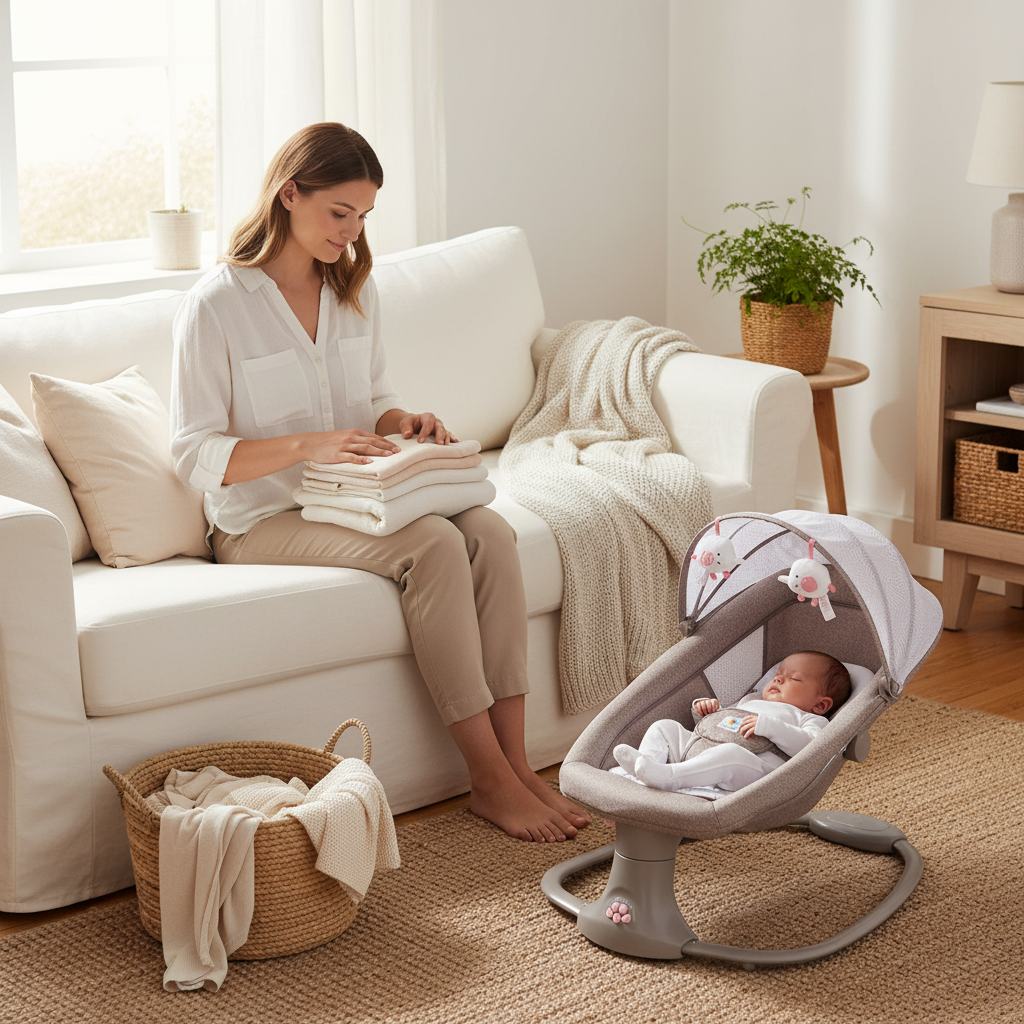 Transat bébé confortable placé près d'un canapé, pendant qu'une mère s'occupe de ranger ou de plier du linge dans le salon.