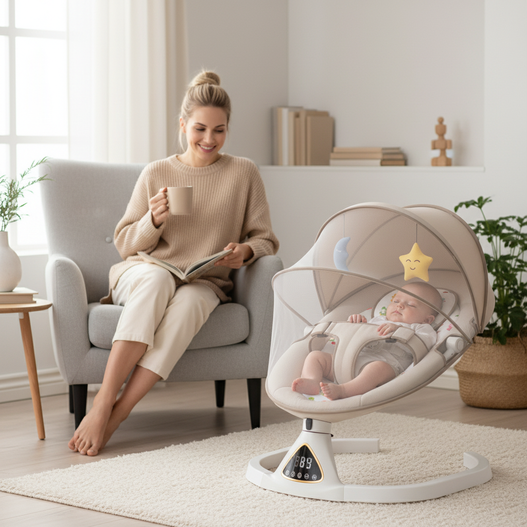 Transat bébé moderne installé dans un salon cosy avec une maman