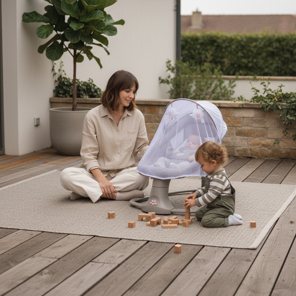 Transat bébé évolutif installé au sol dans une terasse, avec une maman et un enfant en bas âge jouant ensemble sur un tapis à proximité.