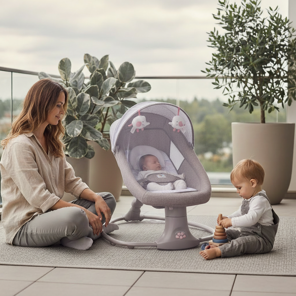 Transat bébé installé dans un cadre de vie lumineux avec une maman et son enfant interagissant joyeusement autour du matériel de puériculture.