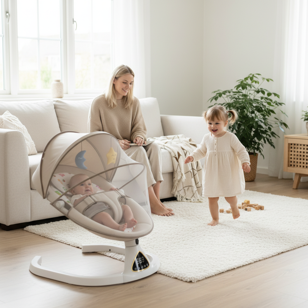 Transat bébé nomade et maman s'occupant de son enfant dans le salon