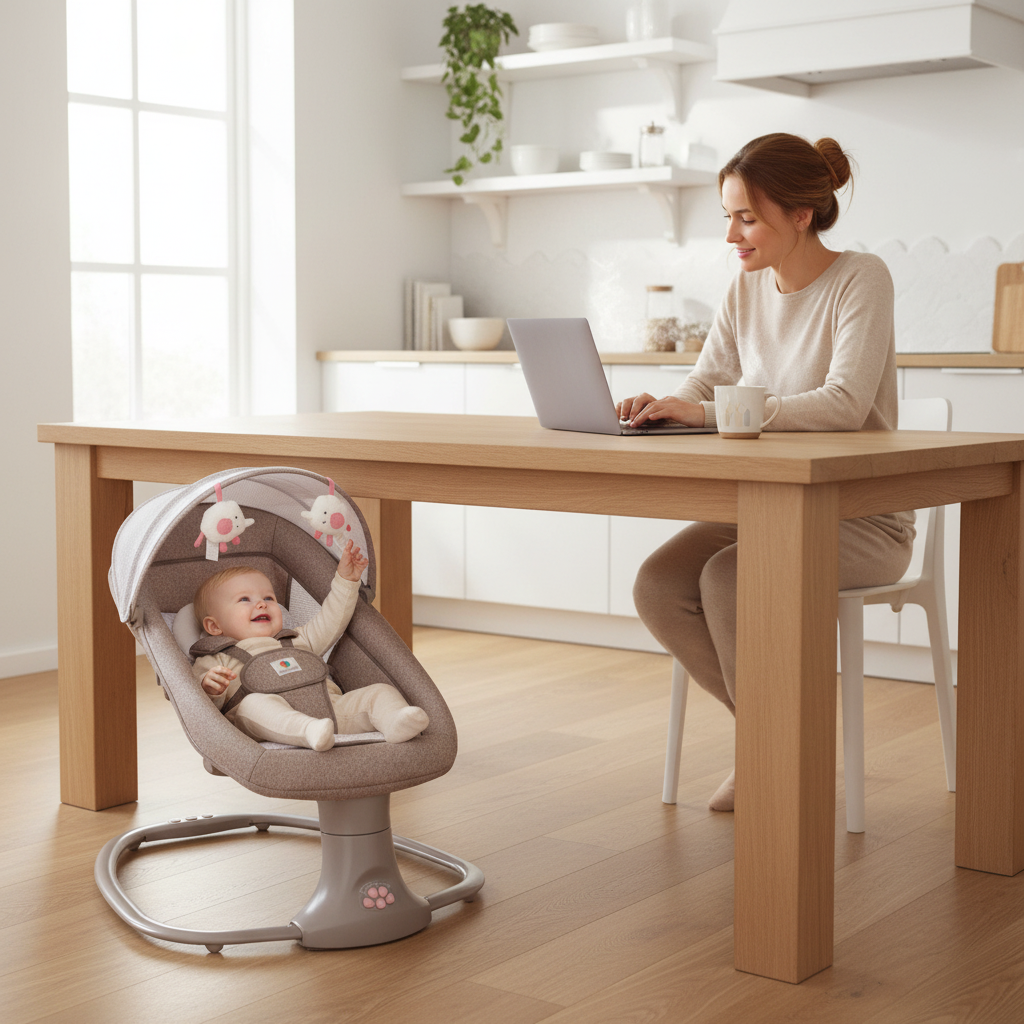 Transat bébé compact positionné à côté d'une table à manger, permettant à une maman en télétravail de garder un œil sur son bébé tout en utilisant son ordinateur.