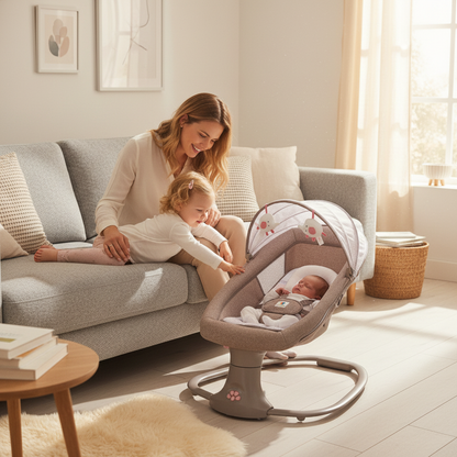 Transat bébé intégré dans un espace de vie chaleureux, montrant une maman partageant un moment de tendresse avec ses enfants dans le salon.