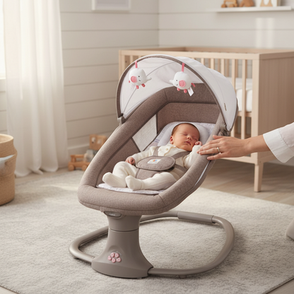 Transat bébé multifonction 4-en-1 de couleur grise, avec un nouveau-né qui dort paisiblement à l'intérieur, installé sur un tapis dans une chambre de bébé lumineuse.