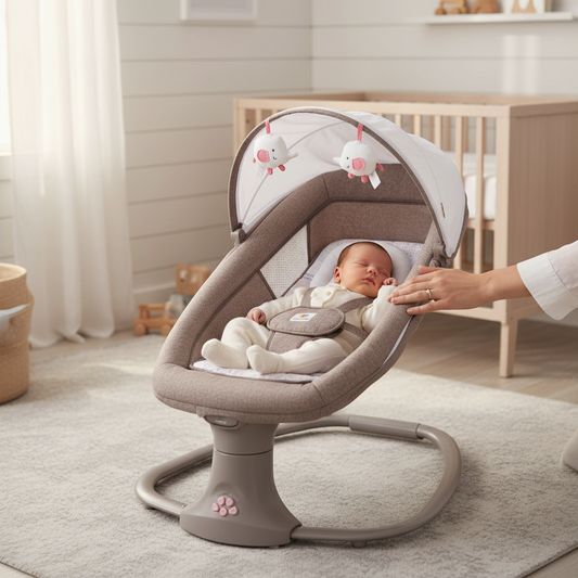 Transat bébé multifonction 4-en-1 de couleur grise, avec un nouveau-né qui dort paisiblement à l'intérieur, installé sur un tapis dans une chambre de bébé lumineuse.