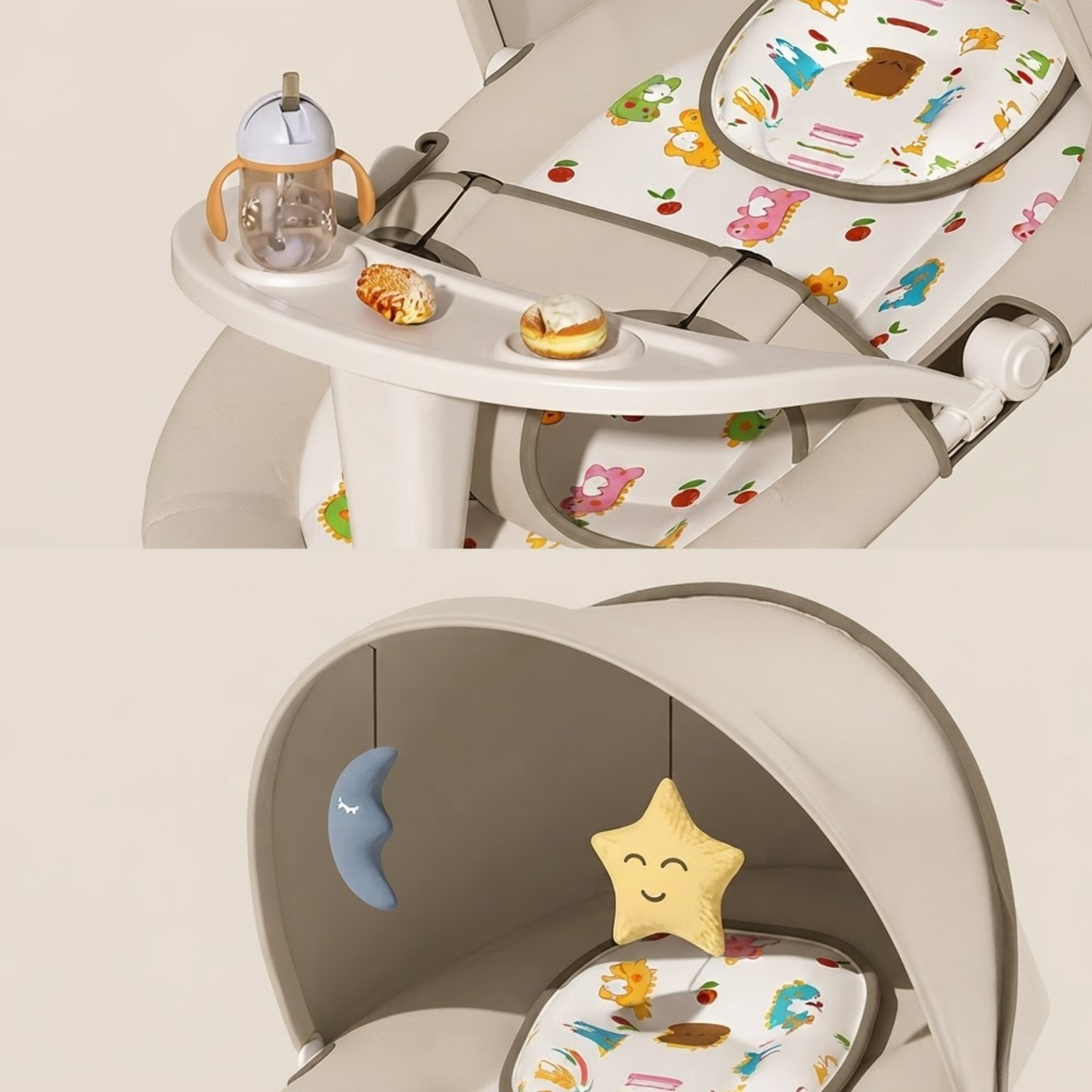 Transat bébé, détail  avec plateau repas amovible et porte-gobelet