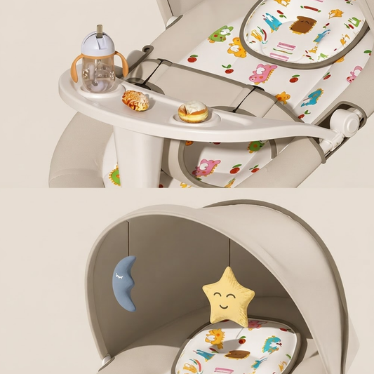 Transat bébé, détail  avec plateau repas amovible et porte-gobelet