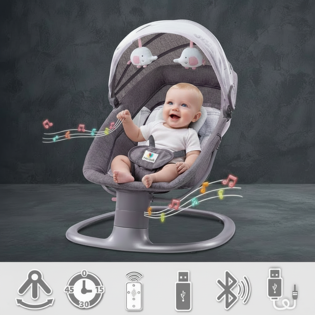 Transat bébé intelligent en version grise, affichant des icônes de contrôle tactile, de minuterie, de mélodies et de connectivité Bluetooth.