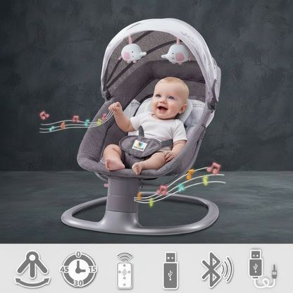 Transat bébé intelligent en version grise, affichant des icônes de contrôle tactile, de minuterie, de mélodies et de connectivité Bluetooth.